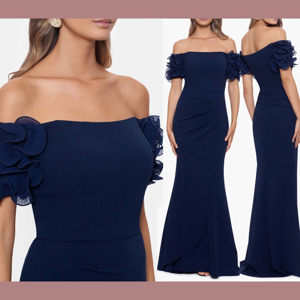 NWT $258 XSCAPE [ 4 ] Off Shoulder Strapless Sheath Gown‎ in Navy Blue